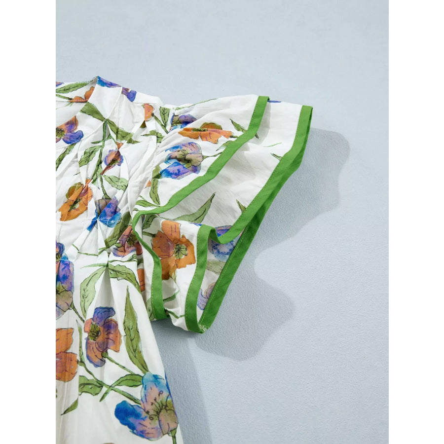 Floral Print Ruffle V-Neck Pressed Pleats Binding Tape Cotton Blouse Apparel and Accessories