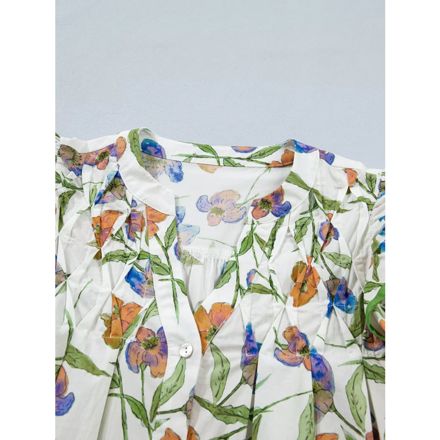 Floral Print Ruffle V-Neck Pressed Pleats Binding Tape Cotton Blouse Apparel and Accessories