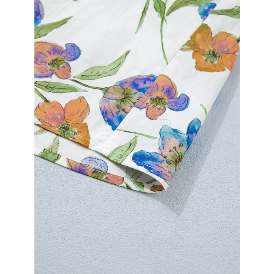 Floral Print Ruffle V-Neck Pressed Pleats Binding Tape Cotton Blouse Apparel and Accessories