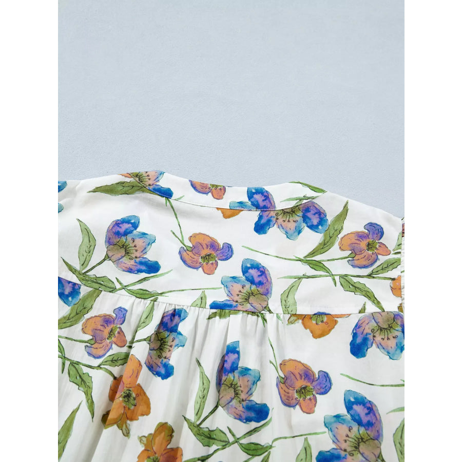 Floral Print Ruffle V-Neck Pressed Pleats Binding Tape Cotton Blouse Apparel and Accessories