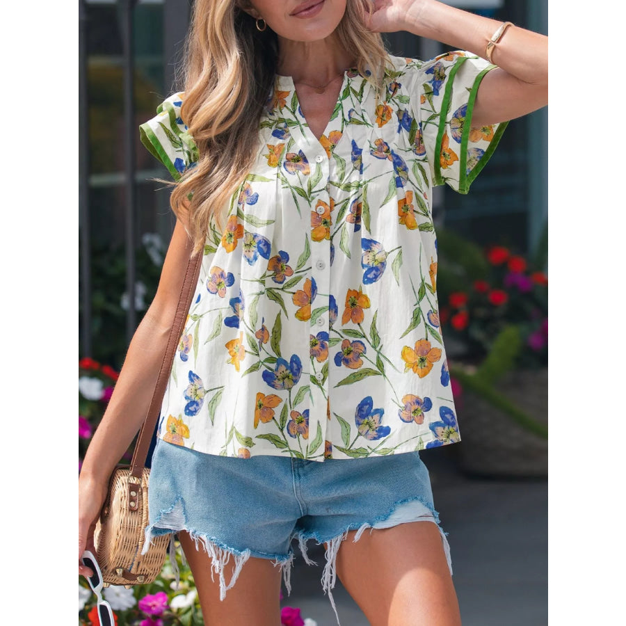 Floral Print Ruffle V-Neck Pressed Pleats Binding Tape Cotton Blouse Apparel and Accessories