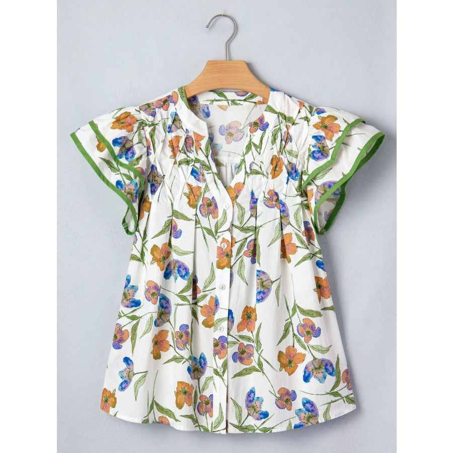 Floral Print Ruffle V-Neck Pressed Pleats Binding Tape Cotton Blouse Apparel and Accessories