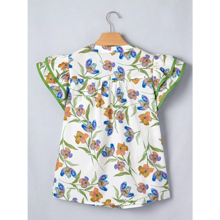 Floral Print Ruffle V-Neck Pressed Pleats Binding Tape Cotton Blouse Apparel and Accessories
