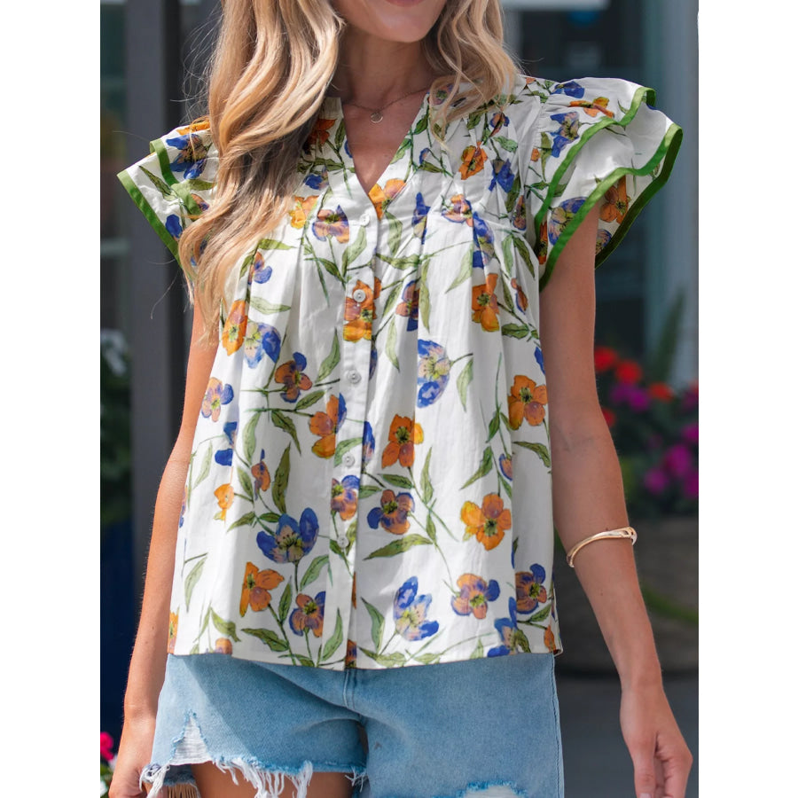 Floral Print Ruffle V-Neck Pressed Pleats Binding Tape Cotton Blouse Apparel and Accessories