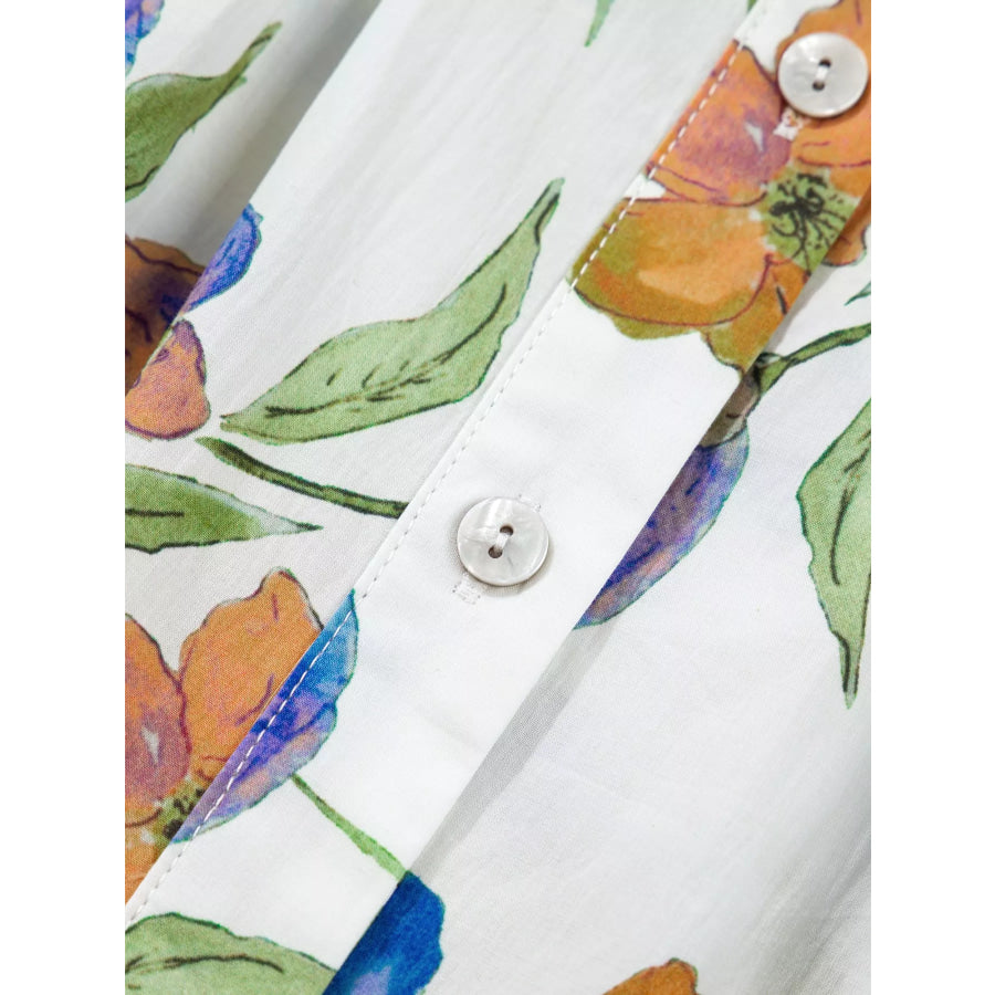 Floral Print Ruffle V-Neck Pressed Pleats Binding Tape Cotton Blouse Apparel and Accessories