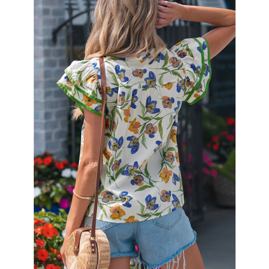 Floral Print Ruffle V-Neck Pressed Pleats Binding Tape Cotton Blouse Apparel and Accessories