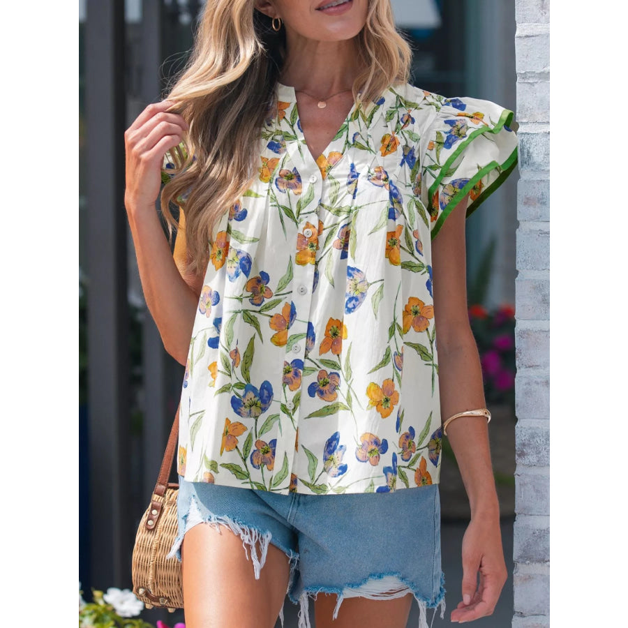 Floral Print Ruffle V-Neck Pressed Pleats Binding Tape Cotton Blouse / S Apparel and Accessories