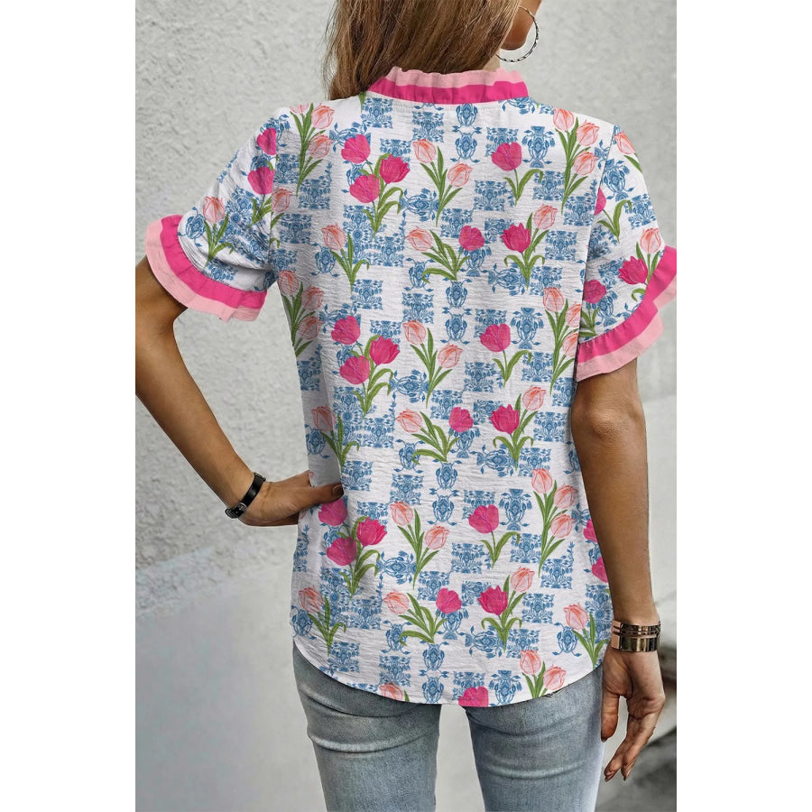 Floral Print Ruffle V-Neck Short Sleeve Loose Tunic Shirt Apparel and Accessories