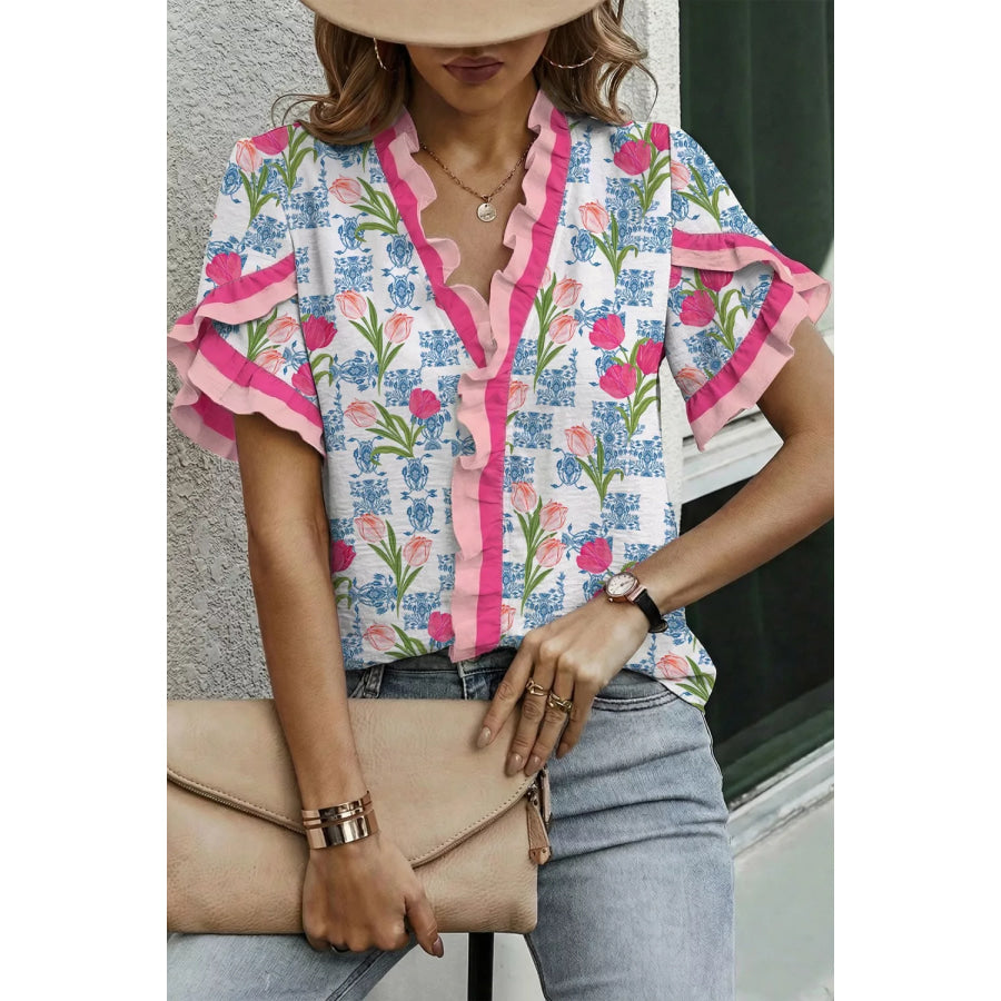 Floral Print Ruffle V-Neck Short Sleeve Loose Tunic Shirt Apparel and Accessories
