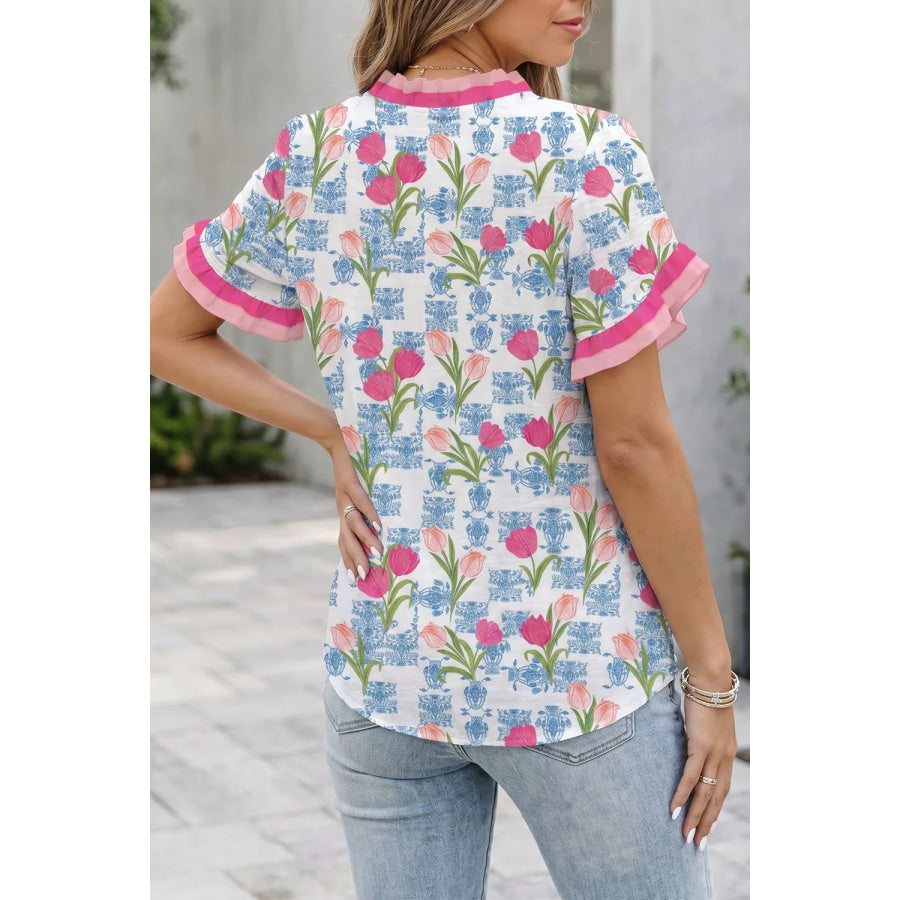 Floral Print Ruffle V-Neck Short Sleeve Loose Tunic Shirt Apparel and Accessories