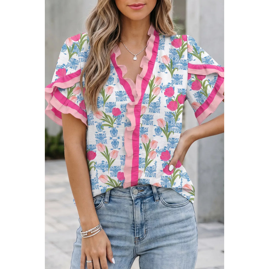 Floral Print Ruffle V-Neck Short Sleeve Loose Tunic Shirt Dusty Pink / S Apparel and Accessories