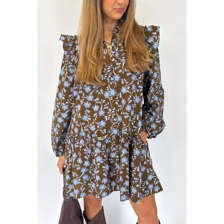 Floral Print Ruffled Detail Shirt Collar Button Down Long Sleeve Dress Apparel and Accessories