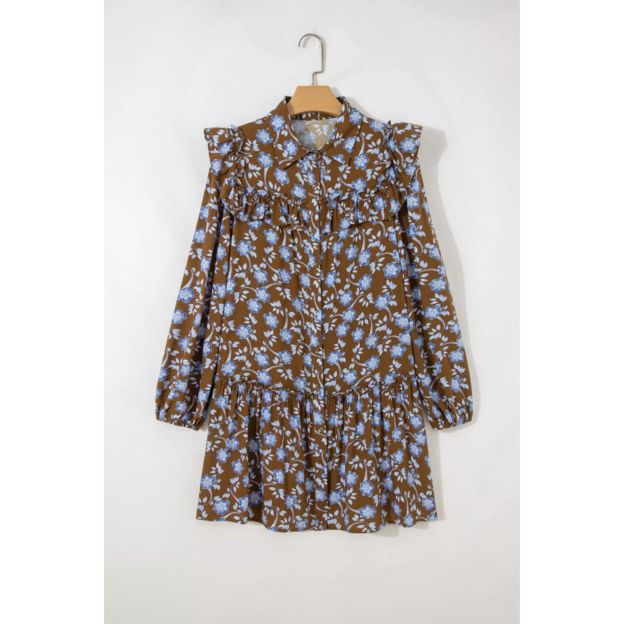Floral Print Ruffled Detail Shirt Collar Button Down Long Sleeve Dress Apparel and Accessories