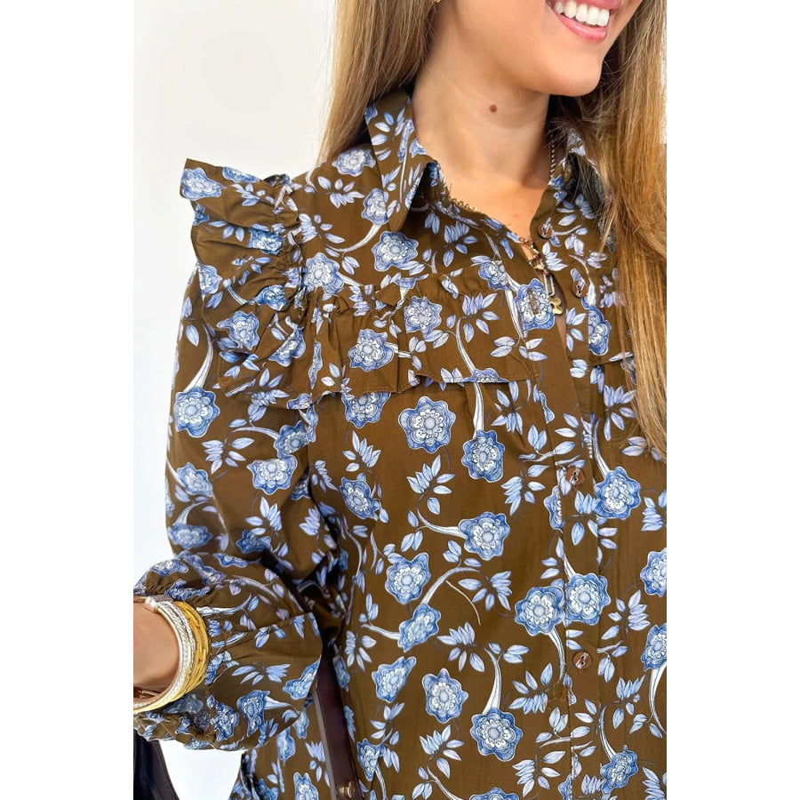 Floral Print Ruffled Detail Shirt Collar Button Down Long Sleeve Dress Apparel and Accessories