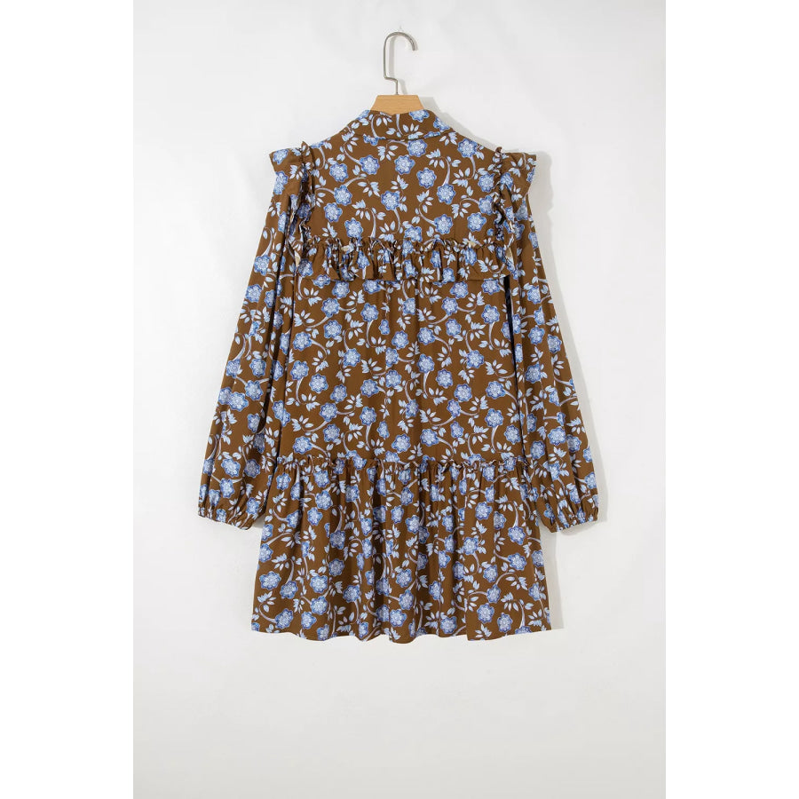 Floral Print Ruffled Detail Shirt Collar Button Down Long Sleeve Dress Apparel and Accessories