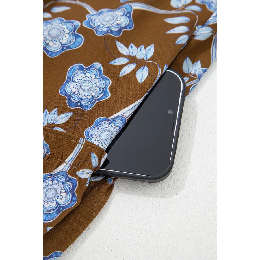 Floral Print Ruffled Detail Shirt Collar Button Down Long Sleeve Dress Apparel and Accessories