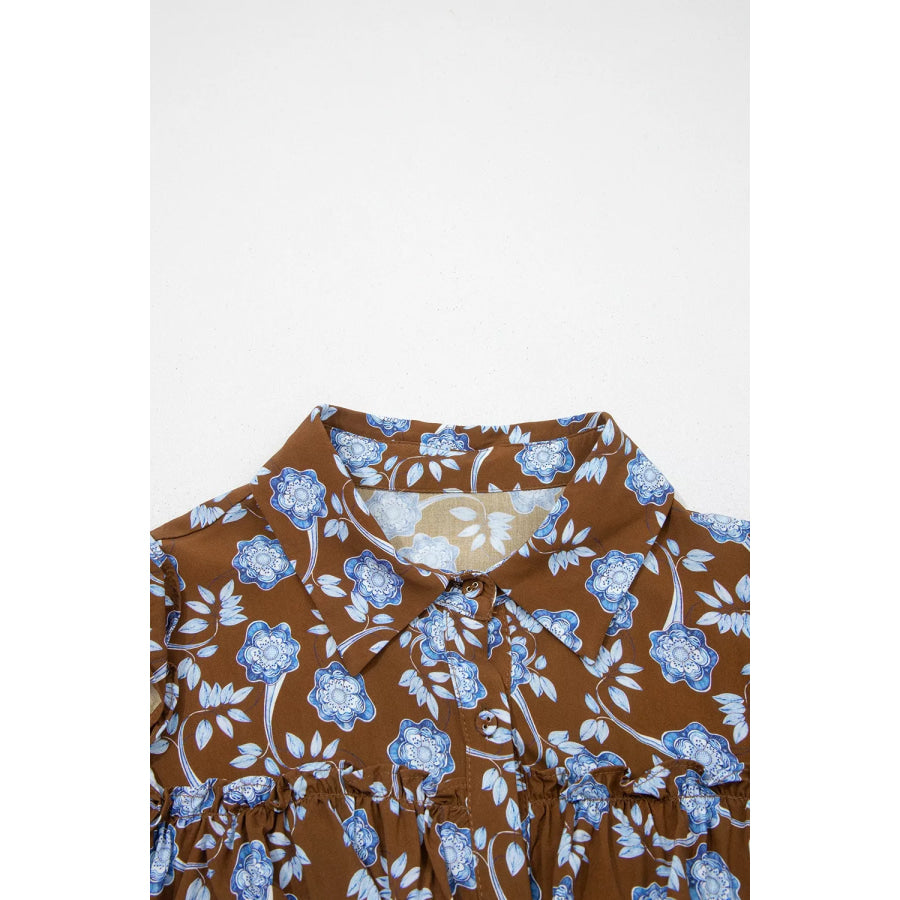 Floral Print Ruffled Detail Shirt Collar Button Down Long Sleeve Dress Apparel and Accessories