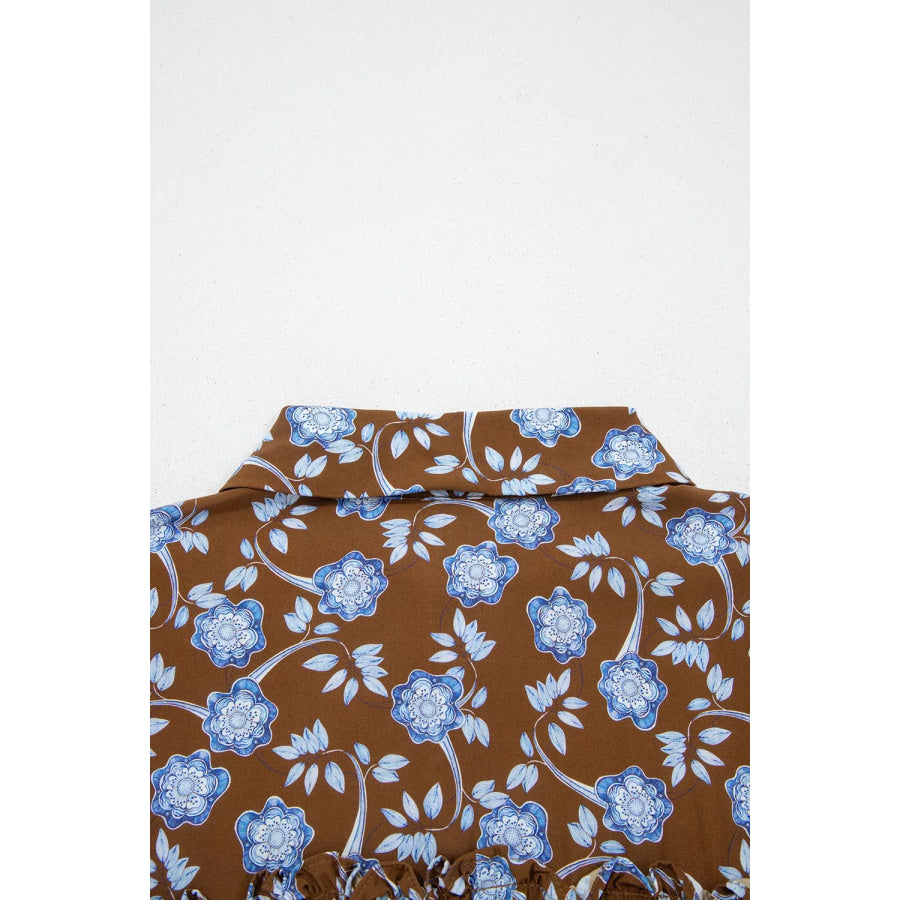 Floral Print Ruffled Detail Shirt Collar Button Down Long Sleeve Dress Apparel and Accessories