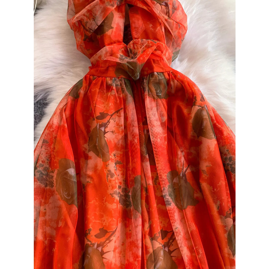 Floral Print Ruffled Layered Mesh Dress Apparel and Accessories