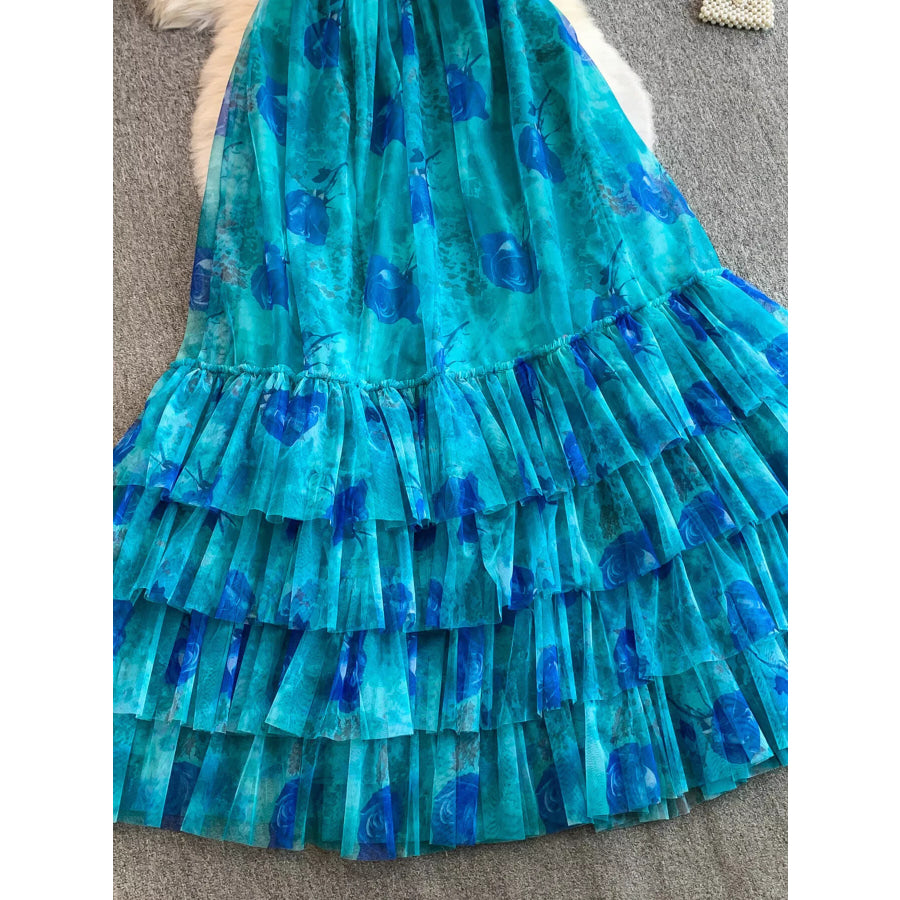 Floral Print Ruffled Layered Mesh Dress Apparel and Accessories