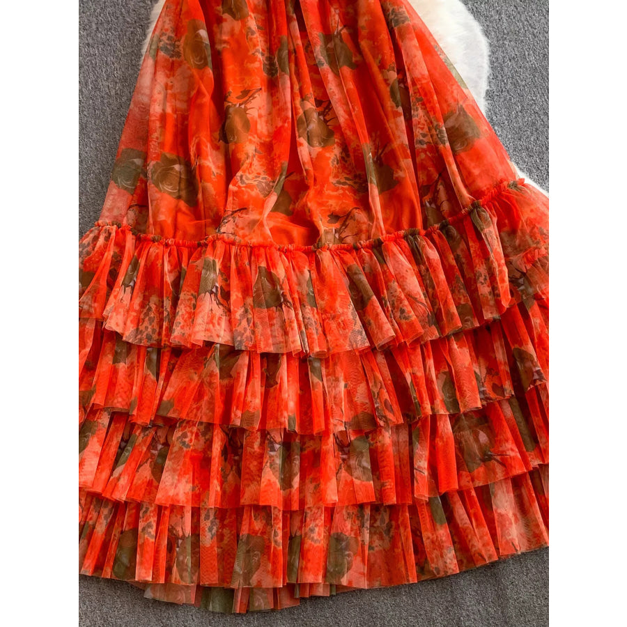 Floral Print Ruffled Layered Mesh Dress Apparel and Accessories