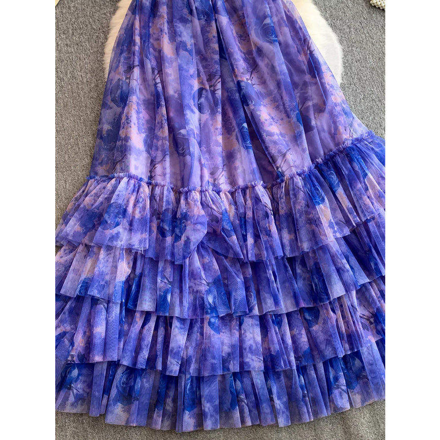 Floral Print Ruffled Layered Mesh Dress Apparel and Accessories
