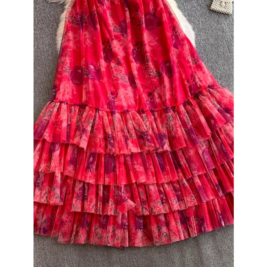 Floral Print Ruffled Layered Mesh Dress Apparel and Accessories