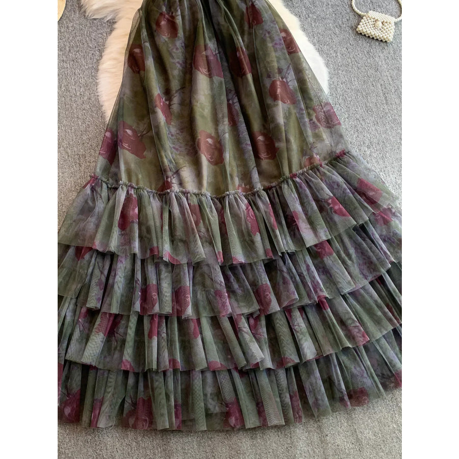 Floral Print Ruffled Layered Mesh Dress Apparel and Accessories