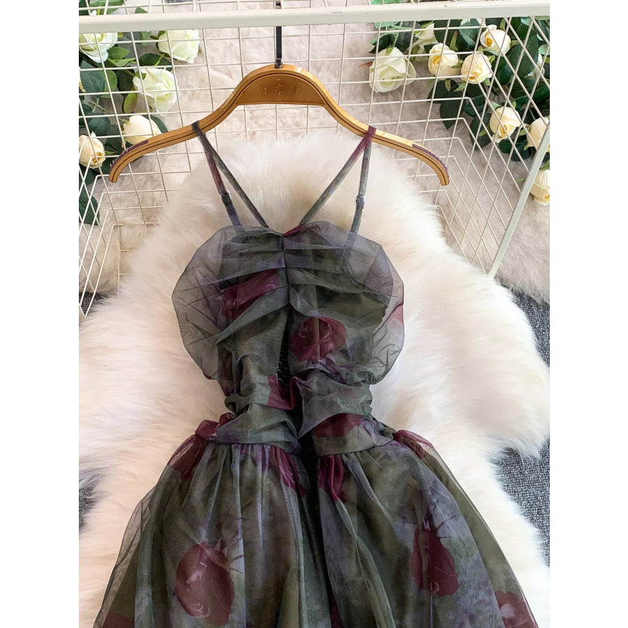 Floral Print Ruffled Layered Mesh Dress Apparel and Accessories