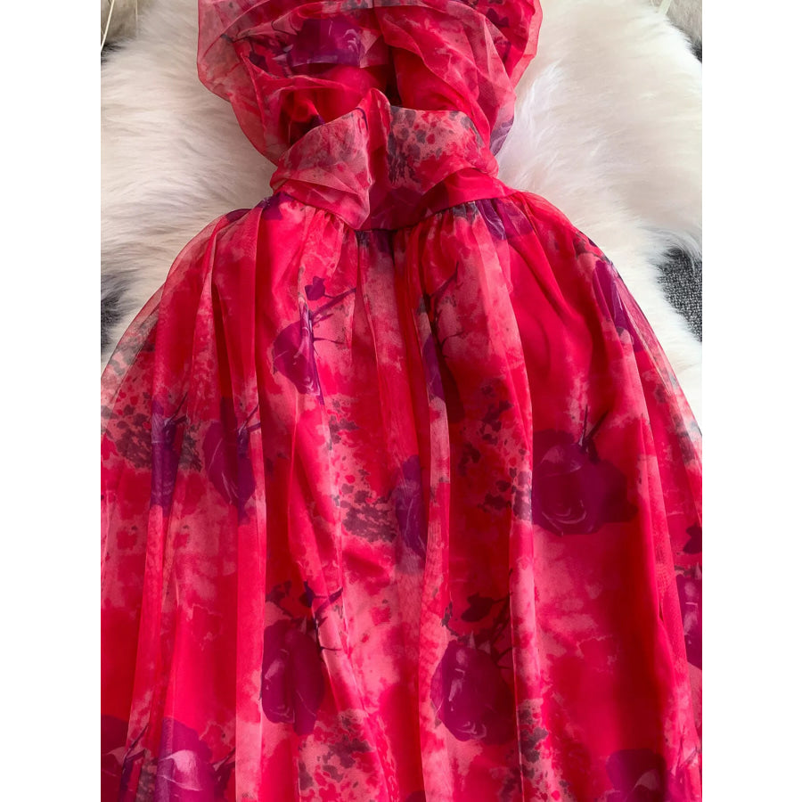 Floral Print Ruffled Layered Mesh Dress Apparel and Accessories