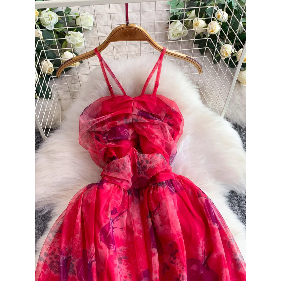 Floral Print Ruffled Layered Mesh Dress Apparel and Accessories