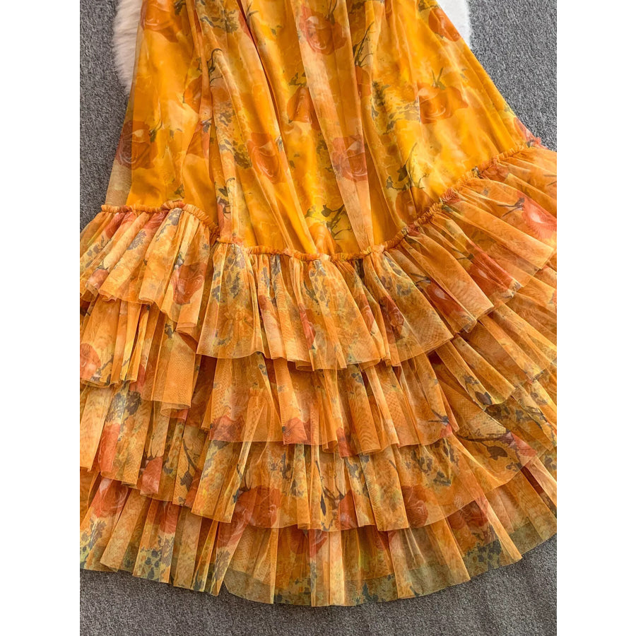 Floral Print Ruffled Layered Mesh Dress Apparel and Accessories