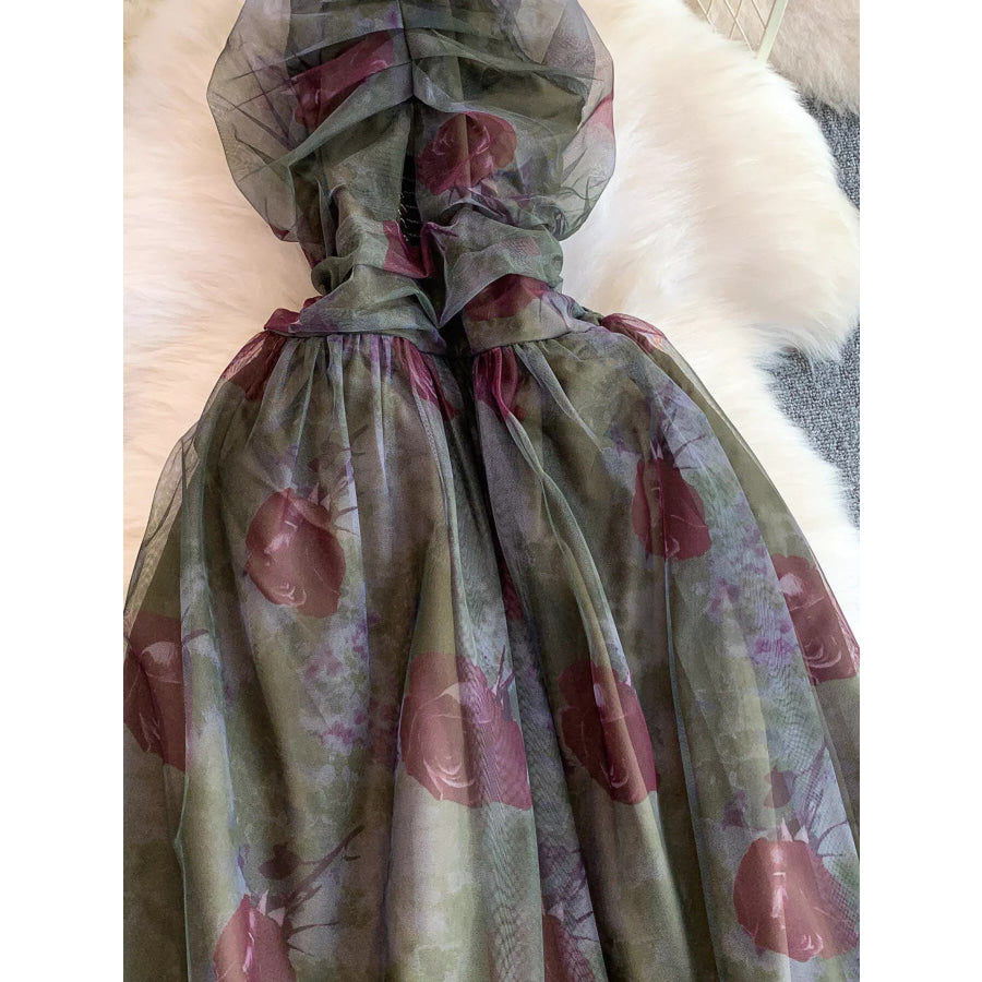 Floral Print Ruffled Layered Mesh Dress Apparel and Accessories