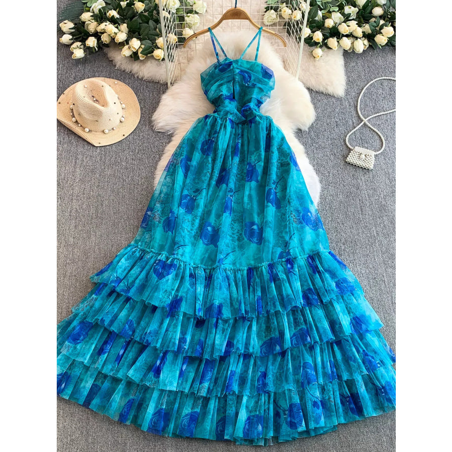 Floral Print Ruffled Layered Mesh Dress Apparel and Accessories
