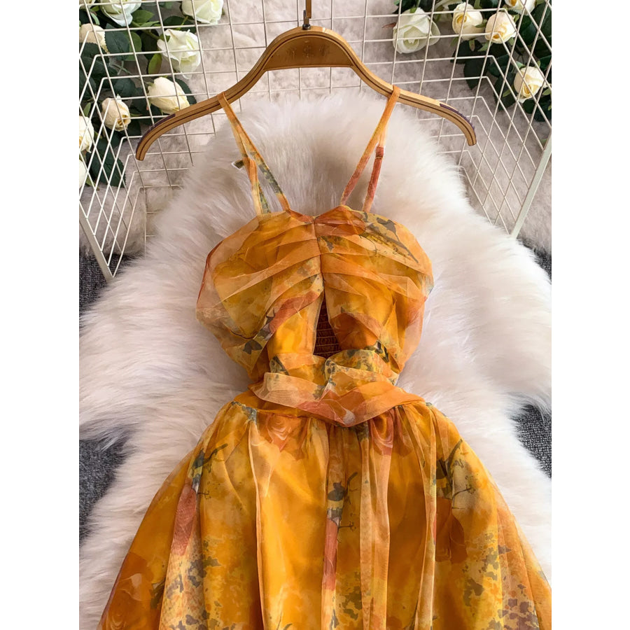 Floral Print Ruffled Layered Mesh Dress Apparel and Accessories