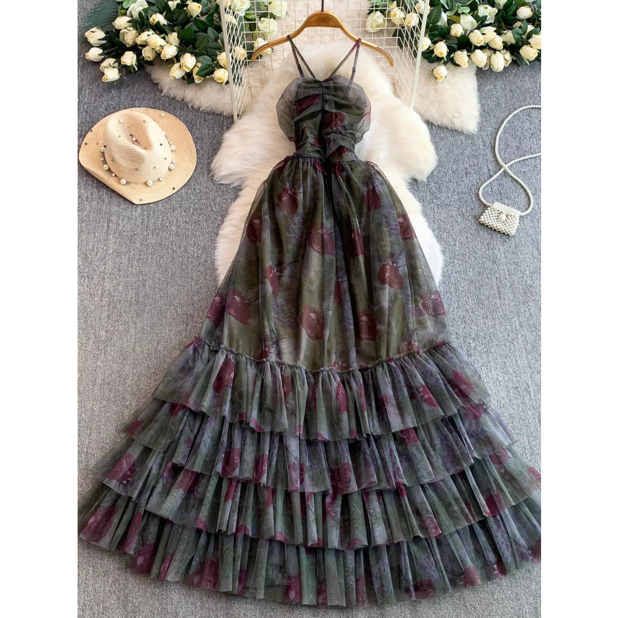 Floral Print Ruffled Layered Mesh Dress Army Green / One Size Apparel and Accessories