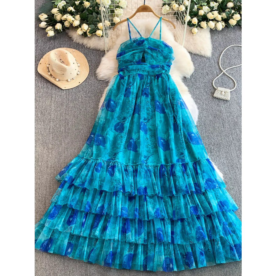 Floral Print Ruffled Layered Mesh Dress Blue / One Size Apparel and Accessories