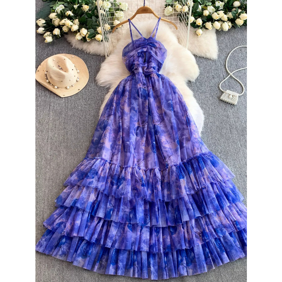Floral Print Ruffled Layered Mesh Dress Electric Purple / One Size Apparel and Accessories