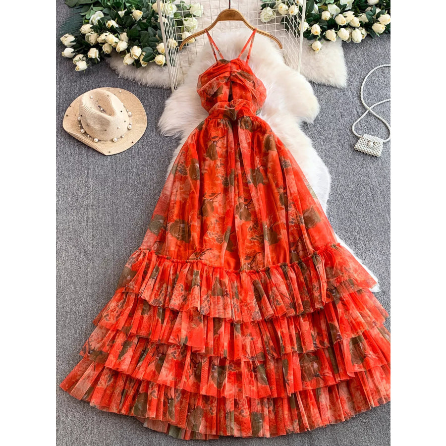 Floral Print Ruffled Layered Mesh Dress Orange Red / One Size Apparel and Accessories