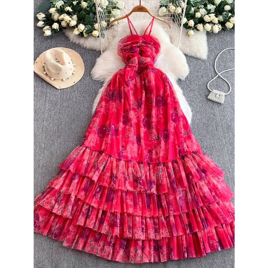 Floral Print Ruffled Layered Mesh Dress Pink / One Size Apparel and Accessories