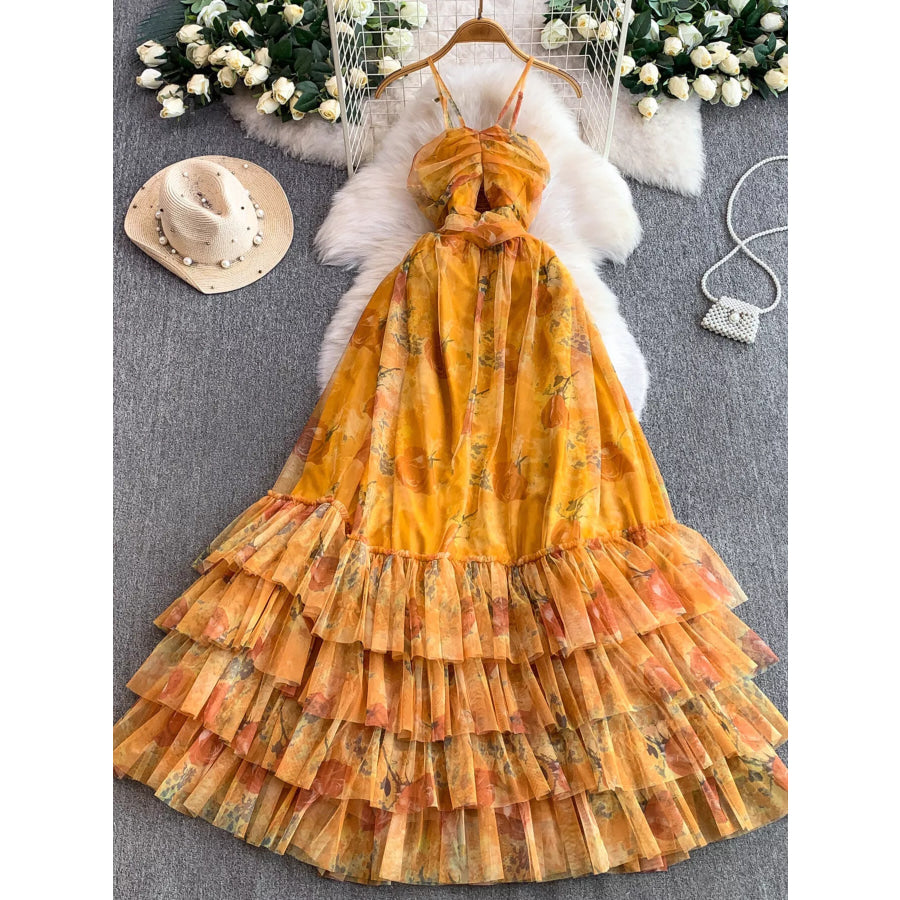 Floral Print Ruffled Layered Mesh Dress Yellow / One Size Apparel and Accessories