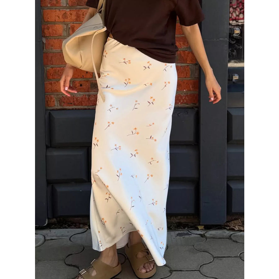 Floral Print Satin Skirt White / S Apparel and Accessories