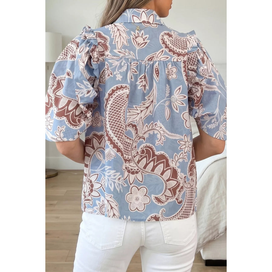 Floral Print Scalloped Trim Button Down Short Sleeve Shirt Apparel and Accessories