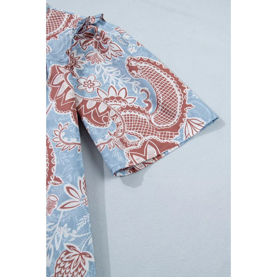 Floral Print Scalloped Trim Button Down Short Sleeve Shirt Apparel and Accessories