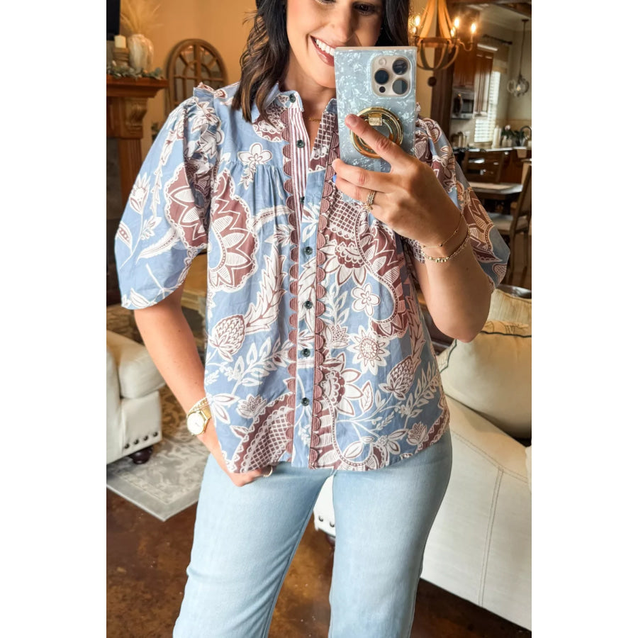 Floral Print Scalloped Trim Button Down Short Sleeve Shirt Apparel and Accessories
