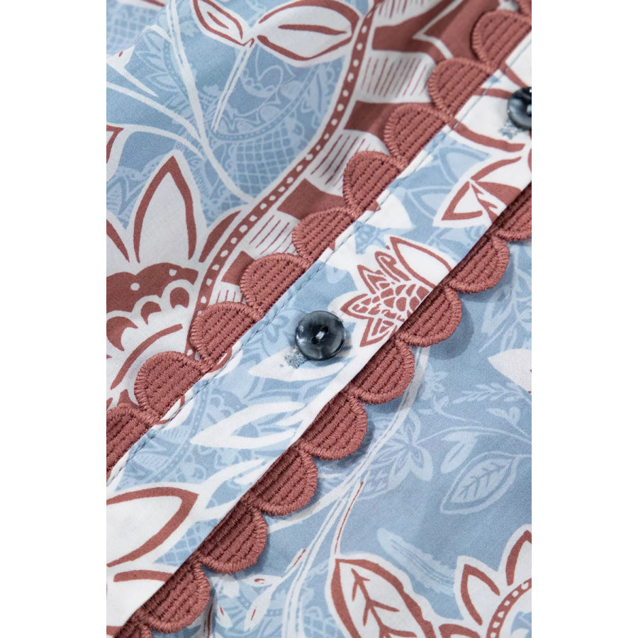 Floral Print Scalloped Trim Button Down Short Sleeve Shirt Apparel and Accessories