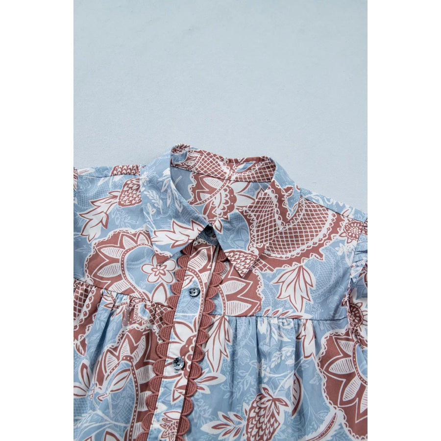 Floral Print Scalloped Trim Button Down Short Sleeve Shirt Apparel and Accessories