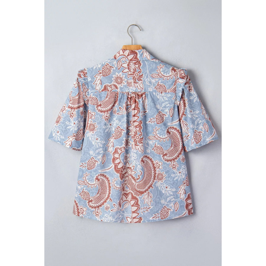 Floral Print Scalloped Trim Button Down Short Sleeve Shirt Apparel and Accessories