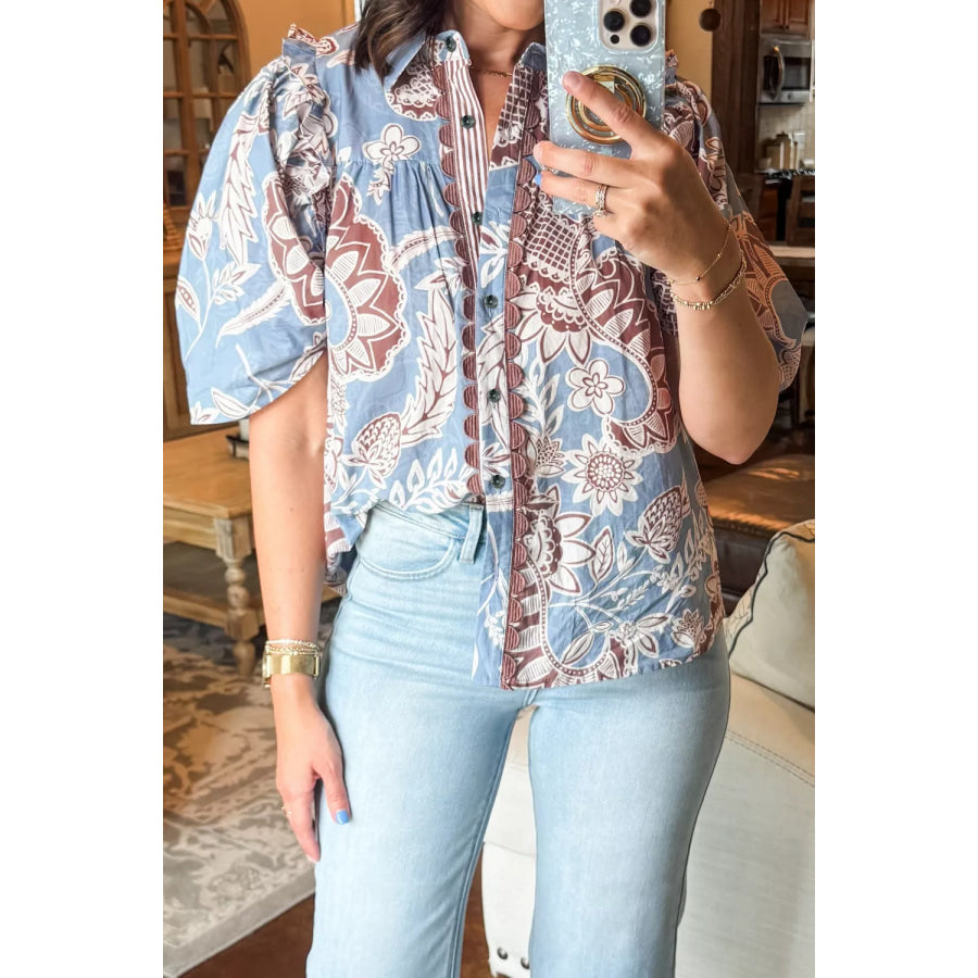 Floral Print Scalloped Trim Button Down Short Sleeve Shirt Apparel and Accessories