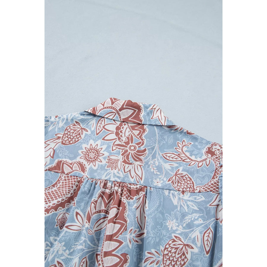 Floral Print Scalloped Trim Button Down Short Sleeve Shirt Apparel and Accessories
